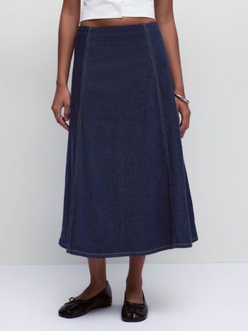 Stretch Denim High Rise Washed Pleated A-line Flare Midi Skirt