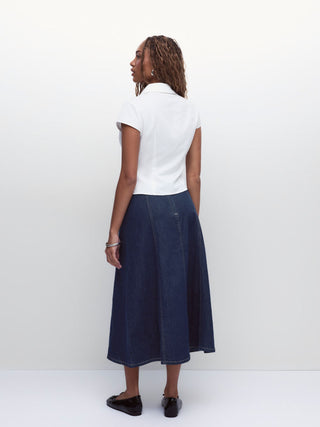 Stretch Denim High Rise Washed Pleated A-line Flare Midi Skirt