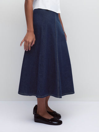 Stretch Denim High Rise Washed Pleated A-line Flare Midi Skirt
