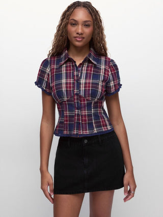Denim Low Rise Washed Metal Detail A-line Mini Skort