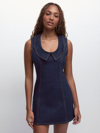 Stretch Washed Denim Collar Shirt Mini Dress