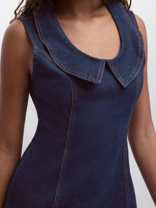 Stretch Washed Denim Collar Shirt Mini Dress