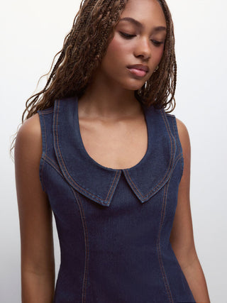 Stretch Washed Denim Collar Shirt Mini Dress