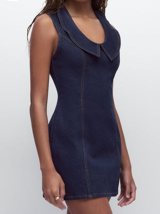 Stretch Washed Denim Collar Shirt Mini Dress