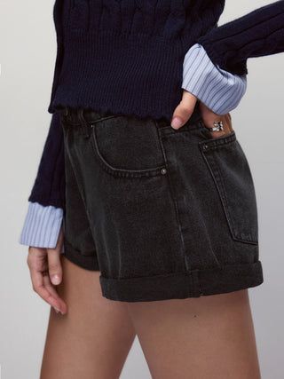 Denim Low Rise Washed Metal Detail Roll Hem Micro Shorts