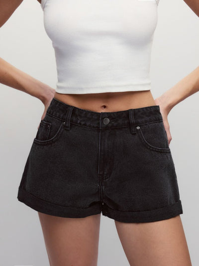 Denim Low Rise Washed Metal Detail Roll Hem Micro Shorts