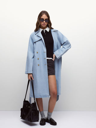 Denim Washed Notched Collar Double Breasted Longline Oversized Jacket With Belt