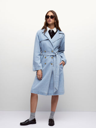 Denim Washed Notched Collar Double Breasted Longline Oversized Jacket With Belt
