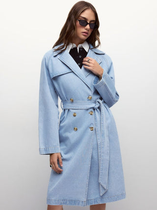 Denim Washed Notched Collar Double Breasted Longline Oversized Jacket With Belt