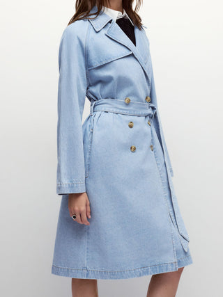 Denim Washed Notched Collar Double Breasted Longline Oversized Jacket With Belt
