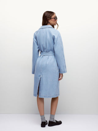 Denim Washed Notched Collar Double Breasted Longline Oversized Jacket With Belt