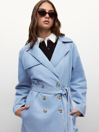 Denim Washed Notched Collar Double Breasted Longline Oversized Jacket With Belt
