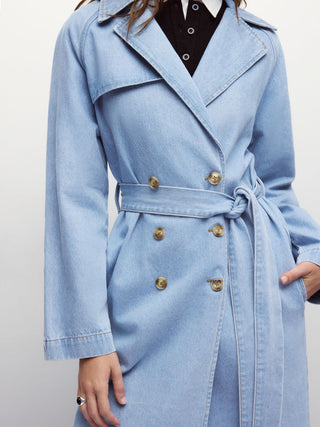 Denim Washed Notched Collar Double Breasted Longline Oversized Jacket With Belt