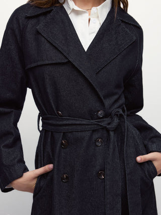 Denim Washed Notched Collar Double Breasted Longline Oversized Jacket With Belt