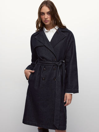 Denim Washed Notched Collar Double Breasted Longline Oversized Jacket With Belt