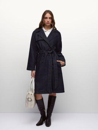 Denim Washed Notched Collar Double Breasted Longline Oversized Jacket With Belt