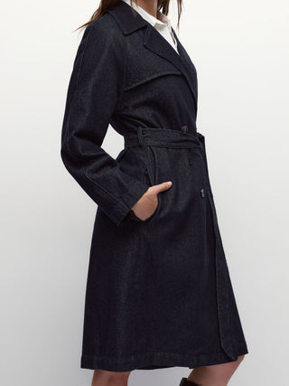 Denim Washed Notched Collar Double Breasted Longline Oversized Jacket With Belt