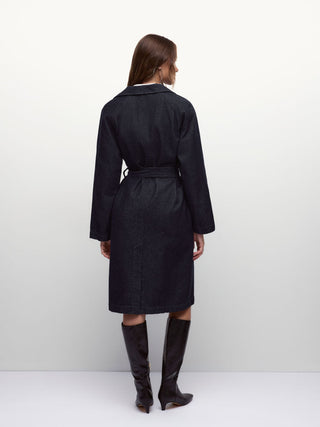 Denim Washed Notched Collar Double Breasted Longline Oversized Jacket With Belt