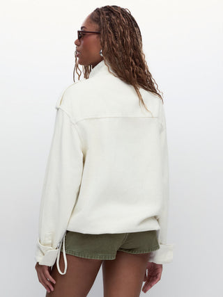 Denim Stand Collar Washed Drawstring Metal Detail Oversized Jacket