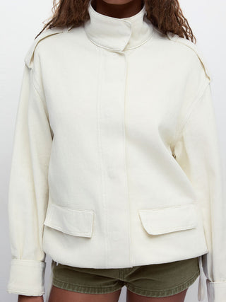 Denim Stand Collar Washed Drawstring Metal Detail Oversized Jacket