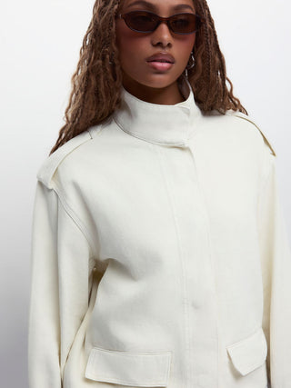 Denim Stand Collar Washed Drawstring Metal Detail Oversized Jacket