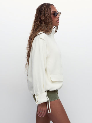 Denim Stand Collar Washed Drawstring Metal Detail Oversized Jacket