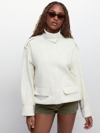 Denim Stand Collar Washed Drawstring Metal Detail Oversized Jacket