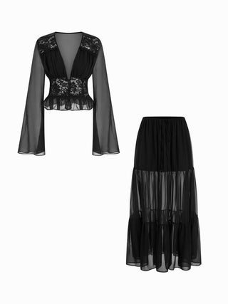 Chiffon Lace V-neck Bell Sleeve Blouse & Mid Rise Tiered Maxi Skirt Set