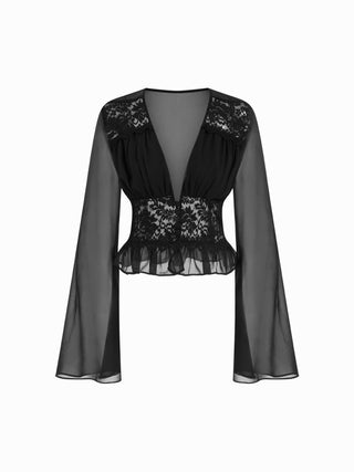 Chiffon Lace V-neck Bell Sleeve Blouse & Mid Rise Tiered Maxi Skirt Set