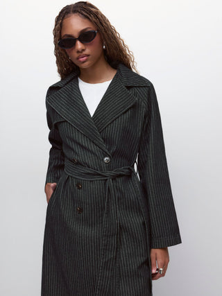 Denim Washed Notched Collar Double Breasted Longline Oversized Jacket With Belt
