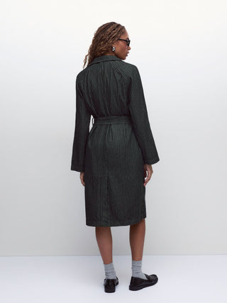Denim Washed Notched Collar Double Breasted Longline Oversized Jacket With Belt