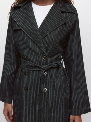 Denim Washed Notched Collar Double Breasted Longline Oversized Jacket With Belt