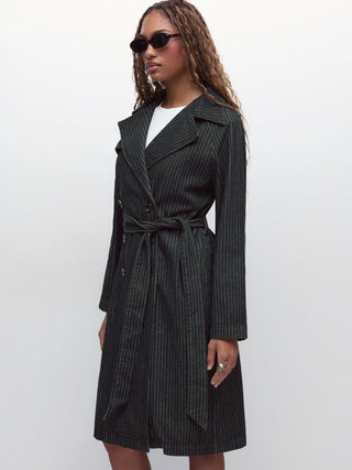 Denim Washed Notched Collar Double Breasted Longline Oversized Jacket With Belt