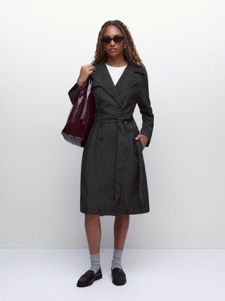 Denim Washed Notched Collar Double Breasted Longline Oversized Jacket With Belt
