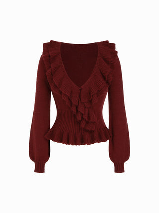 Knit V-neck Ruffled Peplum Hem Long Sleeve Sweater
