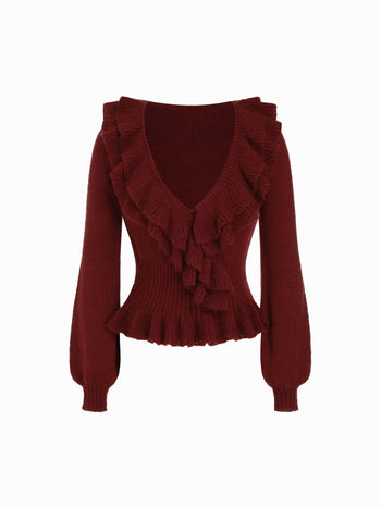 Knit V-neck Ruffled Peplum Hem Long Sleeve Sweater