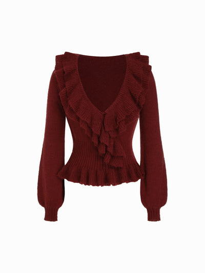 Knit V-neck Ruffled Peplum Hem Long Sleeve Sweater