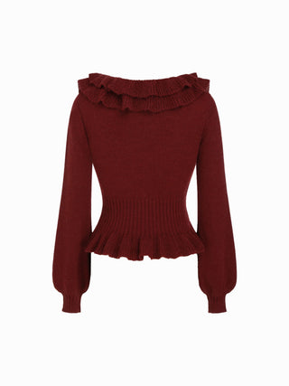 Knit V-neck Ruffled Peplum Hem Long Sleeve Sweater