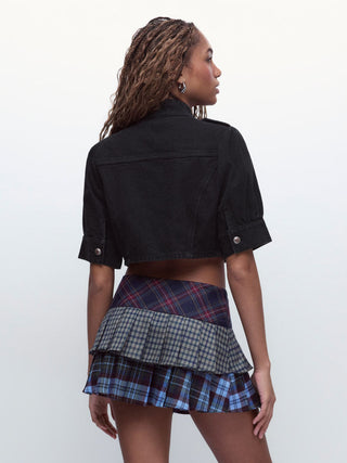 Denim Stand Collar Washed Metal Detail Crop Blouse