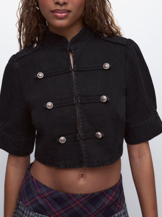 Denim Stand Collar Washed Metal Detail Crop Blouse