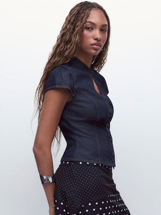 Washed Denim Stand Collar Puff Sleeve Ruched Cut Out Blouse