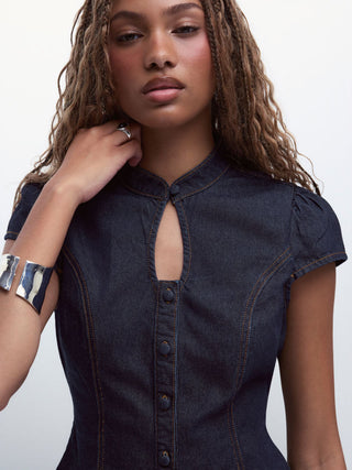 Washed Denim Stand Collar Puff Sleeve Ruched Cut Out Blouse
