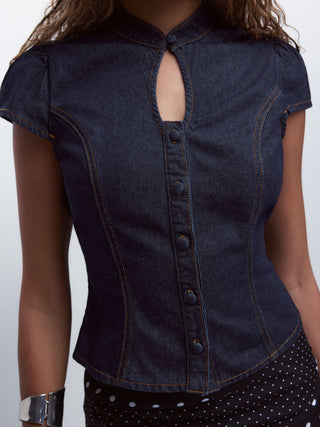 Washed Denim Stand Collar Puff Sleeve Ruched Cut Out Blouse