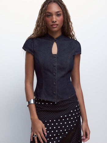 Washed Denim Stand Collar Puff Sleeve Ruched Cut Out Blouse