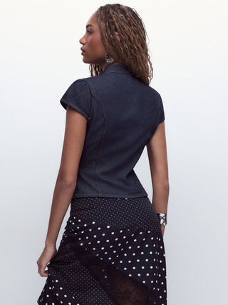 Washed Denim Stand Collar Puff Sleeve Ruched Cut Out Blouse