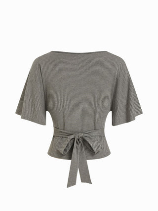 Lyocell-blend Striped V-neck Cloak Sleeve Ruched Tie Back Top