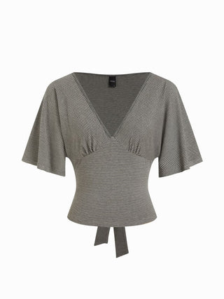 Lyocell-blend Striped V-neck Cloak Sleeve Ruched Tie Back Top