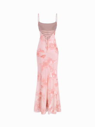 Floral Lace Up Appliques Backless Maxi Dress