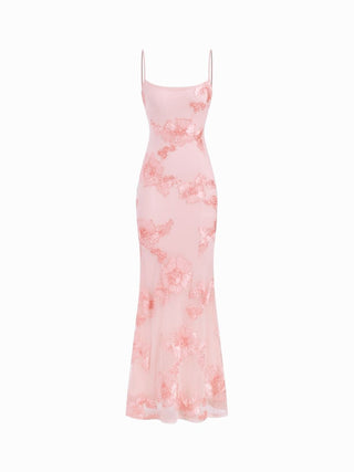 Floral Lace Up Appliques Backless Maxi Dress