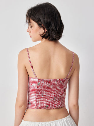 Cotton-blend Gingham Cherry Embroidery Sweetheart Neck Lace Trim Cami Blouse